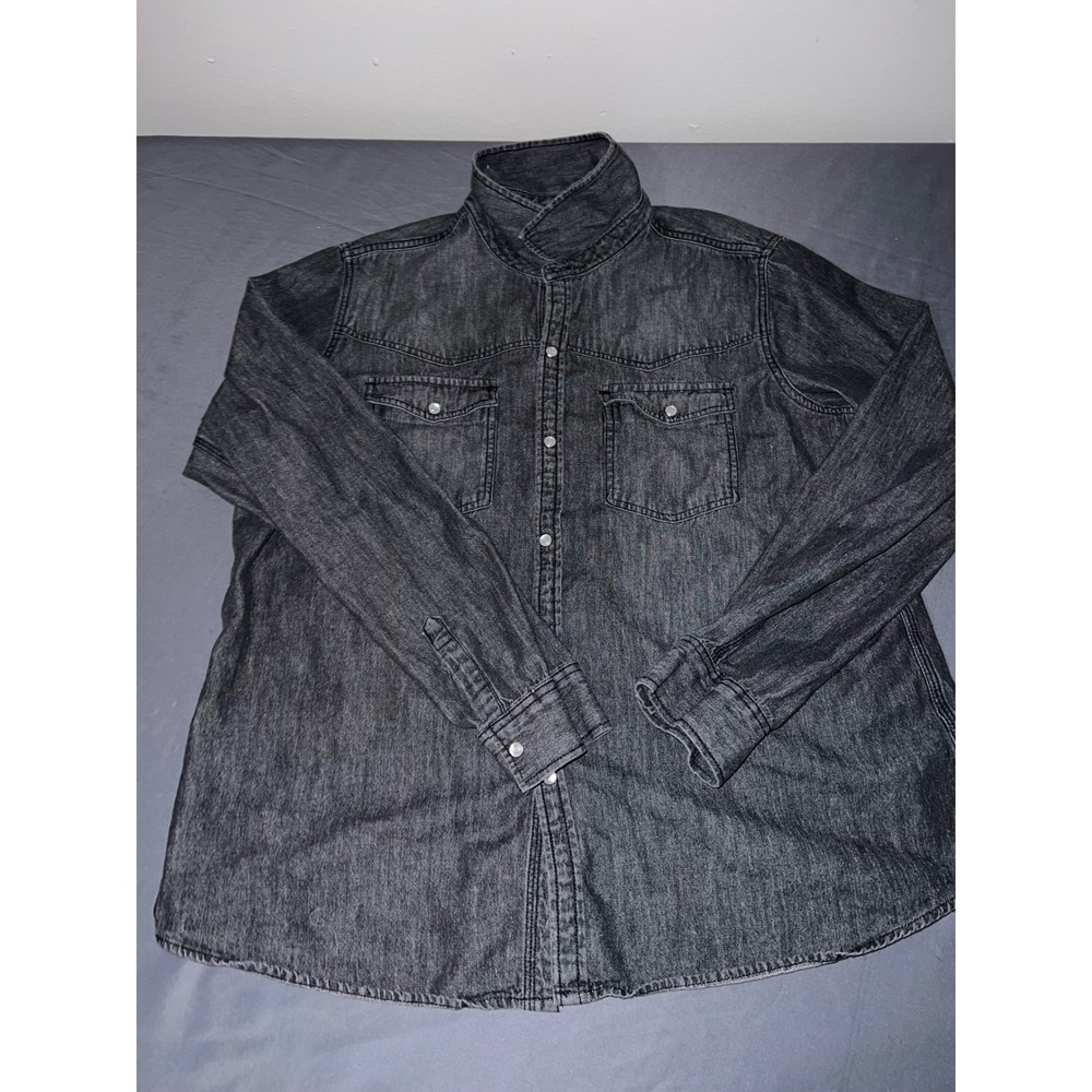 Wild Fable Mens XL Black Acid Wash Denim Western Snap Front Long Sleeve Shirt